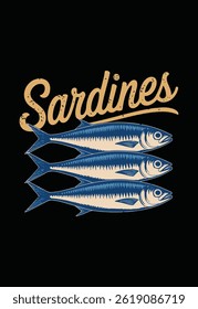Vintage Sardines Poster, T-shirt, Print Design Vector
