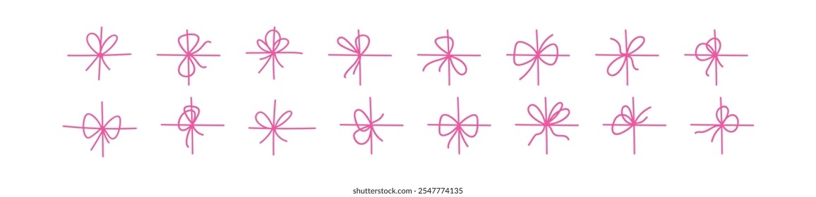 Vintage satin ribbon bow with tied knot, drawn in sketch style. Black outline for a hand-drawn, elegant look on gifts. Flat vector illustration isolated on white background.