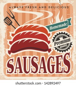 Vintage sausages vector poster. Retro food background. Barbecue promotional banner on old paper texture.
