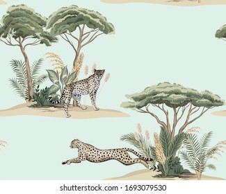 Vintage savanna island, plant, acacia tree, cheetah running, leopard animal floral seamless pattern blue background. Exotic safari wallpaper.