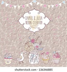 Vintage save the date card in vector. Cute wedding invitation with bird, cupcakes and bouquet