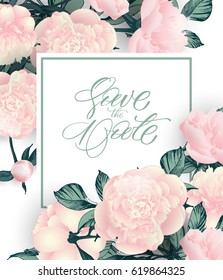 Vintage Save the date with peonies. wedding invitation design. Hand drawn illustration. Vector template