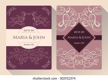 Vintage save the date or wedding invitation card collection with calligraphic decorative elements