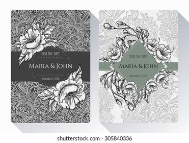 Vintage save the date or wedding invitation card collection with black and white flowers, leaves and branches. Ideal for Save The Date,mothers day, valentines day, birthday cards, invitations.