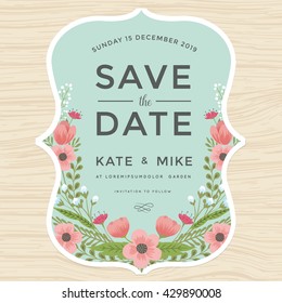Vintage guardar la plantilla de la tarjeta de invitación de boda decorada con flor de flores de corona dibujada a mano sobre fondo verde. Ilustración vectorial.
