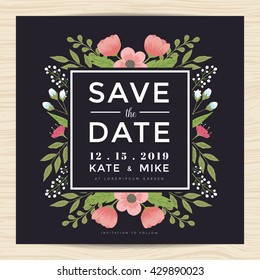 Vintage save the date wedding invitation card template decorate with hand drawn wreath flower on dark background. Vector illustration.