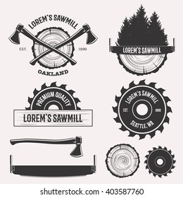 Vintage sawmill logo set labels badges and design elements isolated on white background