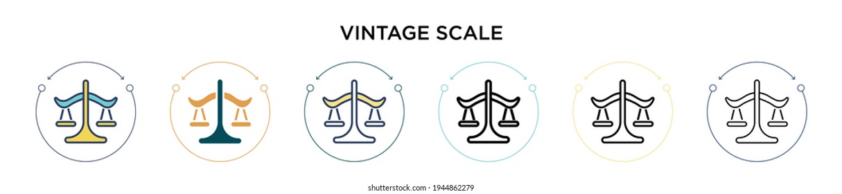 Icono de escala de vintage en estilo relleno, delgado, contorno y trazo. Ilustración vectorial de dos diseños vectoriales de escala de color y negro se pueden utilizar para móviles, ui, web