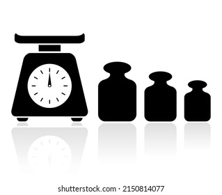 Vintage scale and iron weights set, vector icon on white background