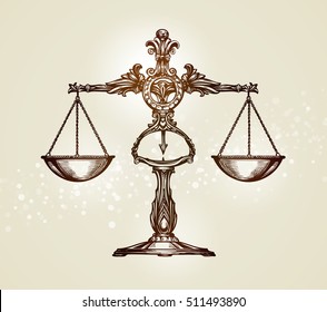 Vintage scales of justice. Hand-drawn sketch vector illustration