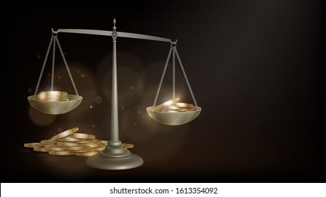Vintage scales on a dark background with gold coins, weight and counting money