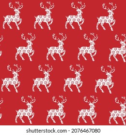 Vintage Scandinavia reindeers seamless repeat vector pattern background, red white, traditional beautiful winter, wallpaper, fashion print, textile pattern, scrapbooking, invitation, card, decoration