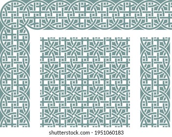 Vintage Scandinavian ornament with weaving circles. Seamless pattern, border and corner. Monochrome vector set
