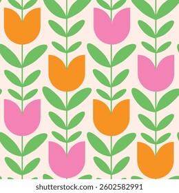 Vintage Scandinavian pink and orange tulips seamless pattern. For home décor, fabric and wallpaper 