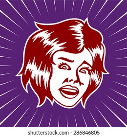 Vintage scared terrified woman face looking at something shocking vector illustration