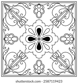 Vintage scarf, abstract black line pattern on white background for coloring.