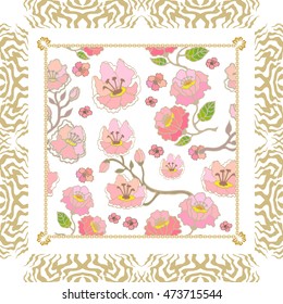 Vintage scarf. Japanese garden. Pink blooming flowers seamless pattern, zebra frame. Bohemian textile collection. White, golden.