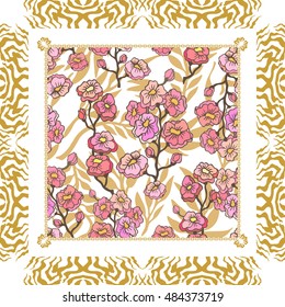 Vintage scarf. Pink blooming sakura pattern, olive branches, zebra frame. Bohemian textile collection. On white.