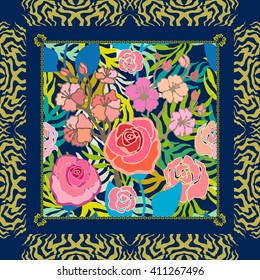 Vintage scarf with tropical motifs. Pink blooming cherry, roses and palm leaves seamless pattern, zebra frame. Bohemian textile collection.