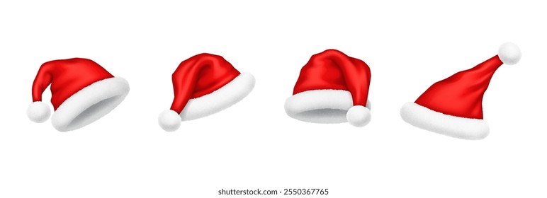 Vintage scarlet Santa hats with fur trims realistic vector illustration set. Traditional Christmas holiday decorative caps 3d models on white background