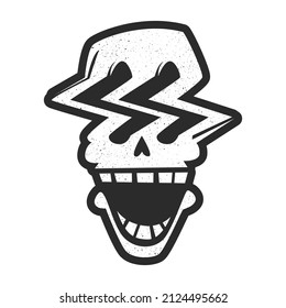 Vintage scary black and white stylized skull with blurry eyes, open jaw and with stains isolated on white background