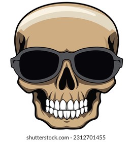 Vintage scary skull concept with black eyes with sunglasses accessory to protect eyes from bright sun isolated vector illustration