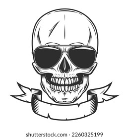 Vintage scary skull concept with ribbon and sunglasses accessory to protect eyes from bright sun isolated vector illustration