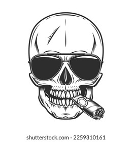 Calavera temible vintage fumar cigarro o humo de cigarrillo con gafas de sol accesorio para proteger los ojos del sol brillante ilustración vectorial aislada