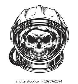 Vintage scary skull in space helmet isolated vector illustration