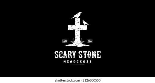 Vintage Scary Tombstone Headstone Gravestone Cross Horror Bird Crow Raven Corvus with Grunge Texture Vector Logo Design