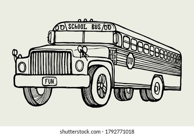 Vintage school bus drawing. The bus that takes children to school. Education vector illustration.