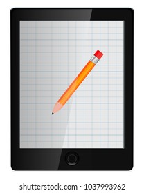  vintage school concept - the tablet with notebook in a cage and pencil