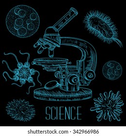 Vintage science laboratory set with microscope and microbes and viruses. Vector isolated hand drawn illustration in line art style
