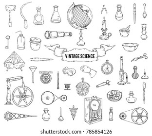 Vintage science objects set in steampunk style. Scientific equipment for physics, chemistry, geography, pharmacy . Isolated elements. Vector illustration