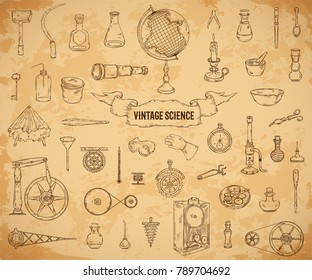 Vintage science objects set in steampunk style. Scientific equipment for physics, chemistry, geography, pharmacy on aged paper background . Isolated elements. Vector illustration