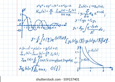 Vintage scientific and educational background. Mathematical  law theory and formula equation on notebook page. Vector hand-drawn illustration.