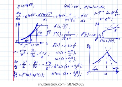 Vintage scientific and educational background. Mathematical  law theory, scheme and formula equation on notebook page. Vector hand-drawn illustration.