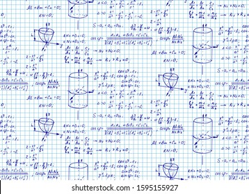 Vintage scientific and educational background. Trigonometry law theory, mathematical formula equation and  geometric figures on notebook page. Vector hand-drawn seamless pattern. 