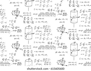Vintage scientific and educational background. Trigonometry law theory, mathematical formula equation and  geometric figures on whiteboard. Vector hand-drawn seamless pattern. 