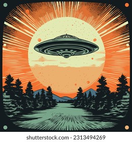 Vintage Sci-Fi Art. UFO in a retro science fiction style. cosmic retro design