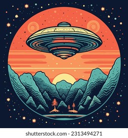 Vintage Sci-Fi Art. UFO in a retro science fiction style. cosmic retro design