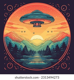 Vintage Sci-Fi Art. UFO in a retro science fiction style. cosmic retro design