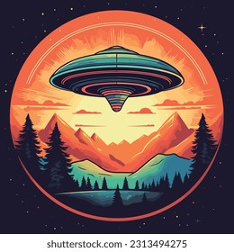 Vintage Sci-Fi Art. UFO in a retro science fiction style. cosmic retro design