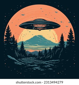 Vintage Sci-Fi Art. UFO in a retro science fiction style. cosmic retro design