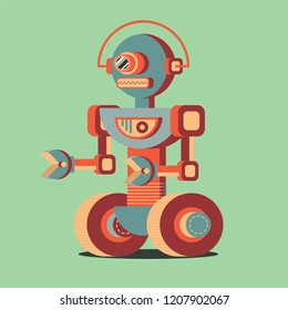 Vintage sci-fi robot, vector, science fiction, pastel palette, vector illustration, nature, cute