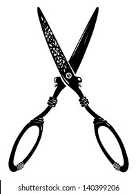 Vintage Scissors Black Ink Illustration. Inky old scissors. EPS8 vector illustration.