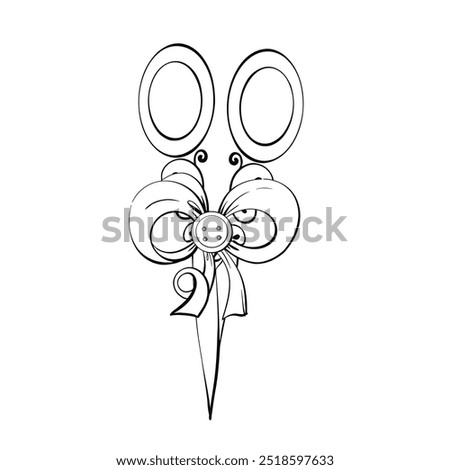 Vintage scissors with bow. Isolated. Sewing tool compositions. Handcraft in retro style. Vintage old-fashion, tailoring for logo, postcard, fabric, printing. Graphic vector line, hand drawn, black