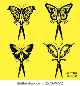 Vintage Scissors With Butterfly Stylist tattoos Set Silhouette Vector, illustration vector