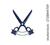 Vintage Scissors with Ribbon Emblem Vector Logo