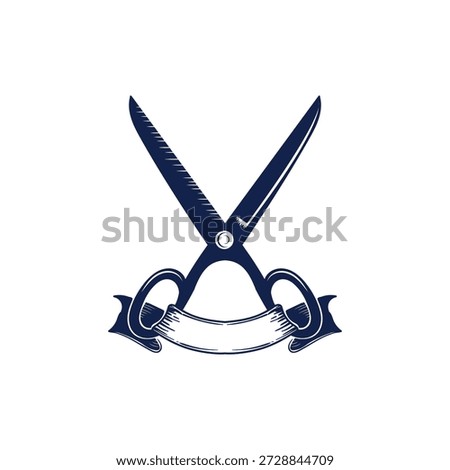 Vintage Scissors with Ribbon Emblem Vector Logo